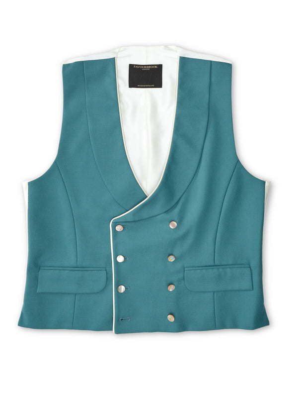 favourbrook Sea Green Gabardine Wool Double Breasted Waistcoat with Piping
