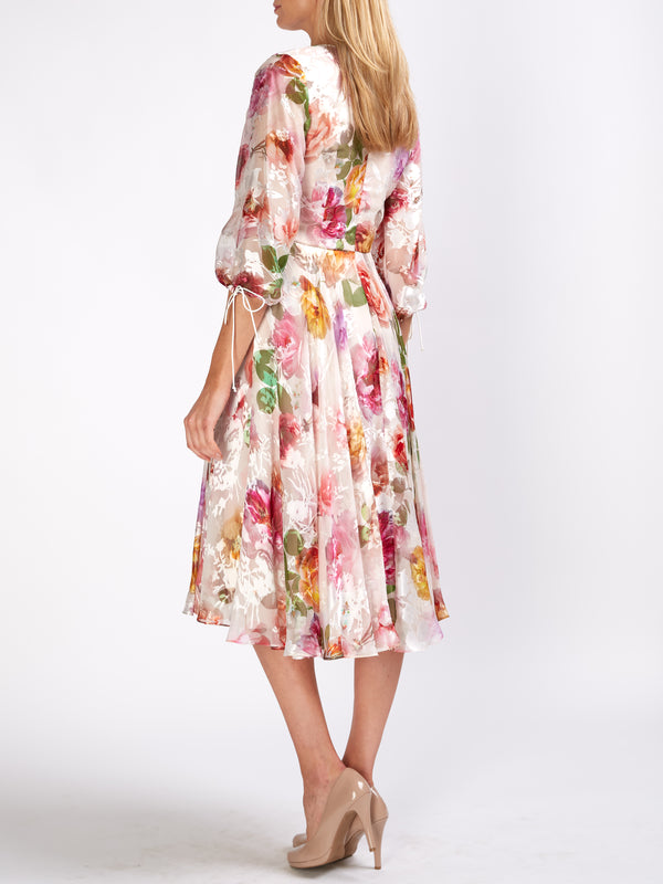 Favourbrook Serena V- Neck Longer Circle Dress Rosa Silk Devore Chiffon