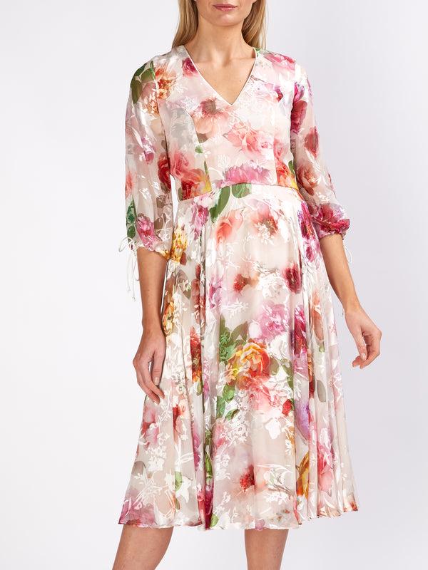 Favourbrook Serena V- Neck Longer Circle Dress Rosa Silk Devore Chiffon