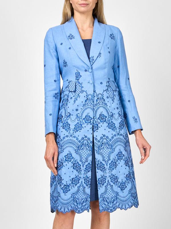 Favourbrook Shawl Collar Eton Coat Pale Blue Landsdowne Crease Resist Linen