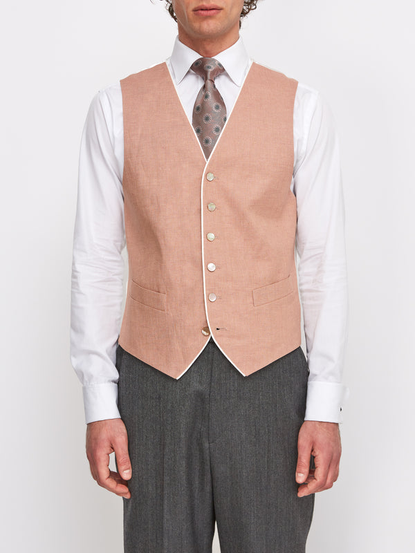 favourbrook Sidmouth Pink Linen Single Breasted 6 Button Piped Waistcoat