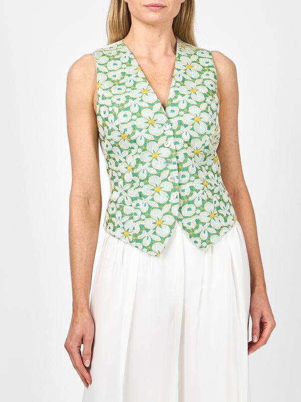 favourbrook Single Breasted Waistcoat Spring Green Dunwich Crease Resist Linen