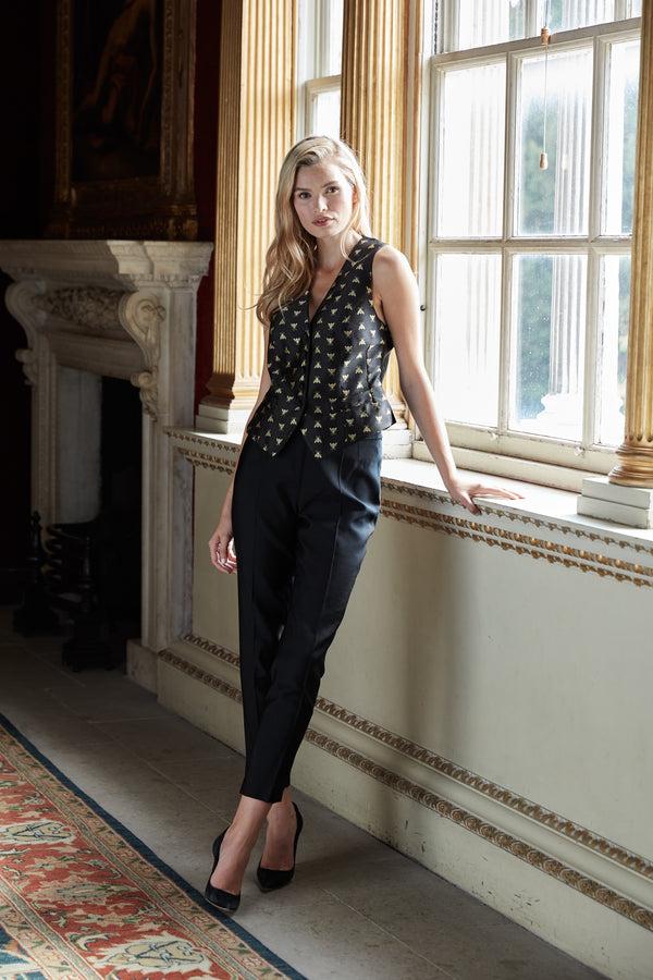 Favourbrook Waistcoat Single-Breasted Black Gold Bees Silk Jacquard