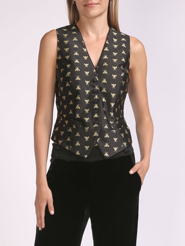 Favourbrook Waistcoat Single-Breasted Black Gold Bees Silk Jacquard