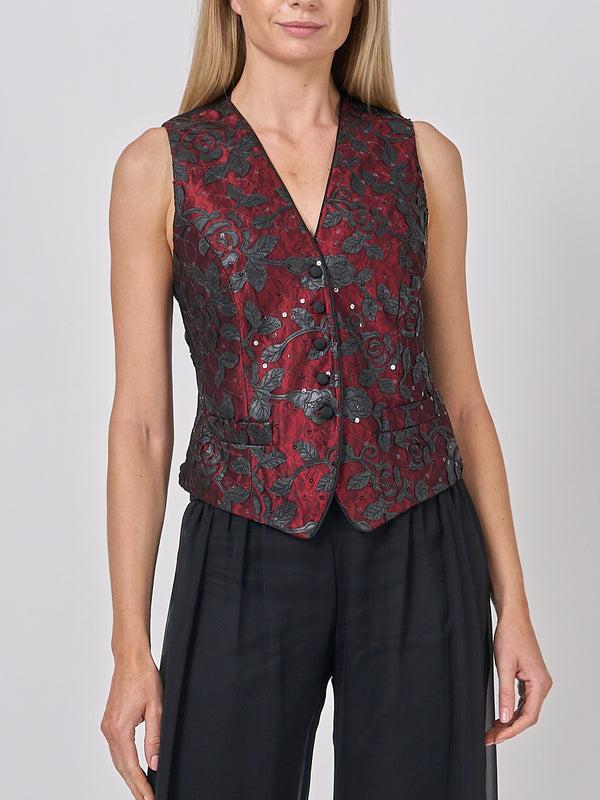 favourbrook Waistcoat Single-Breasted Black Red Hellibore Silk Douppion