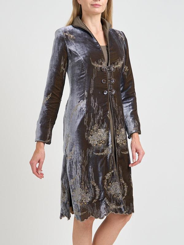 Favourbrook Westminster Coat Grey Gold Highclere Silk Velvet
