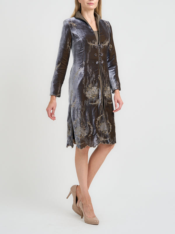 favourbrook Westminster Coat Grey Gold Highclere Silk Velvet