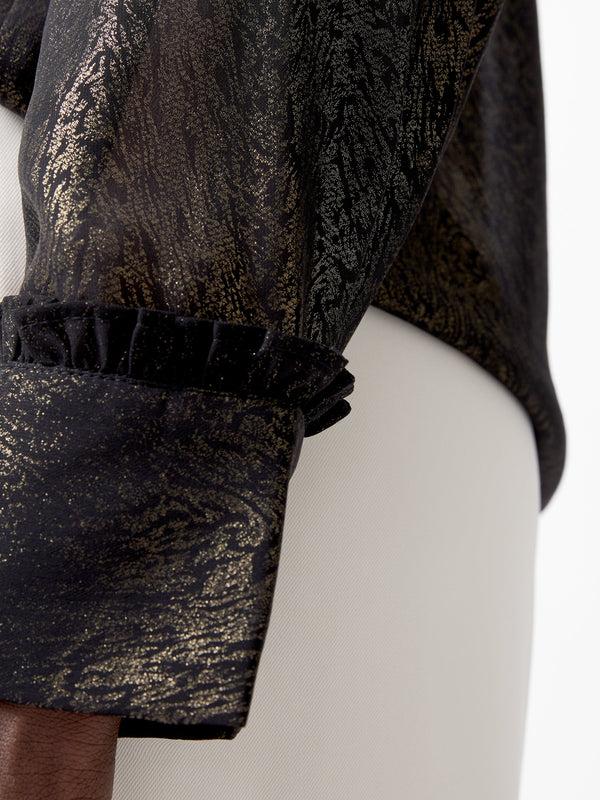 Fcuk Alina Foil Georgette Frill Long Sleeve Top Black/Bronze