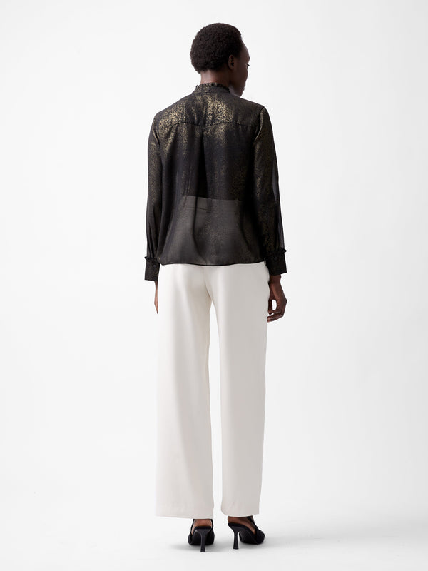 Fcuk Alina Foil Georgette Frill Long Sleeve Top Black/Bronze