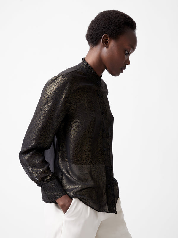 fcuk Alina Foil Georgette Frill Long Sleeve Top Black/Bronze