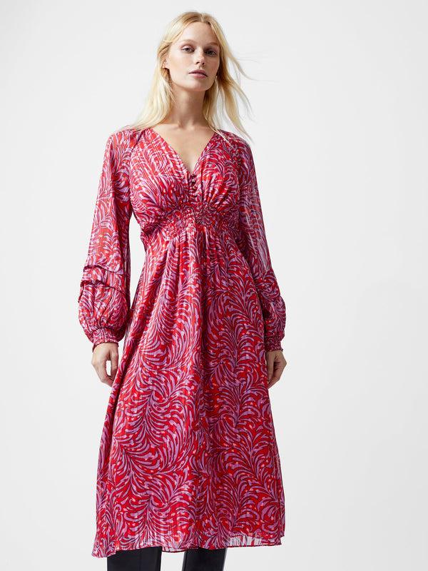 Fcuk Amy Callista Printed Long Sleeve Midi Dress Scarlet Red Multi