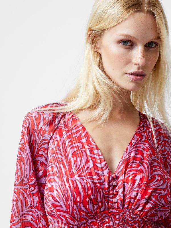 Fcuk Amy Callista Printed Long Sleeve Midi Dress Scarlet Red Multi