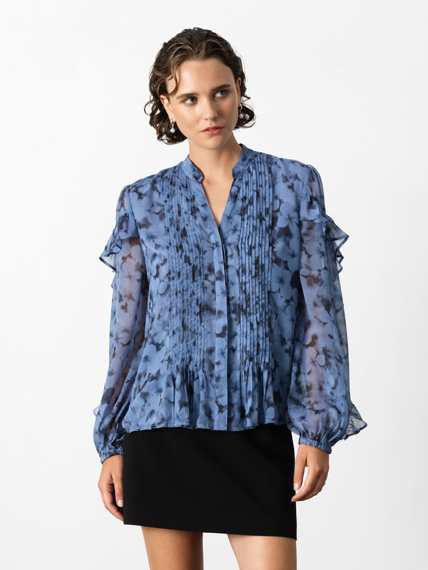 Fcuk Anita Hallie Crinkle Pintuck Blouse Blue Multi Slate