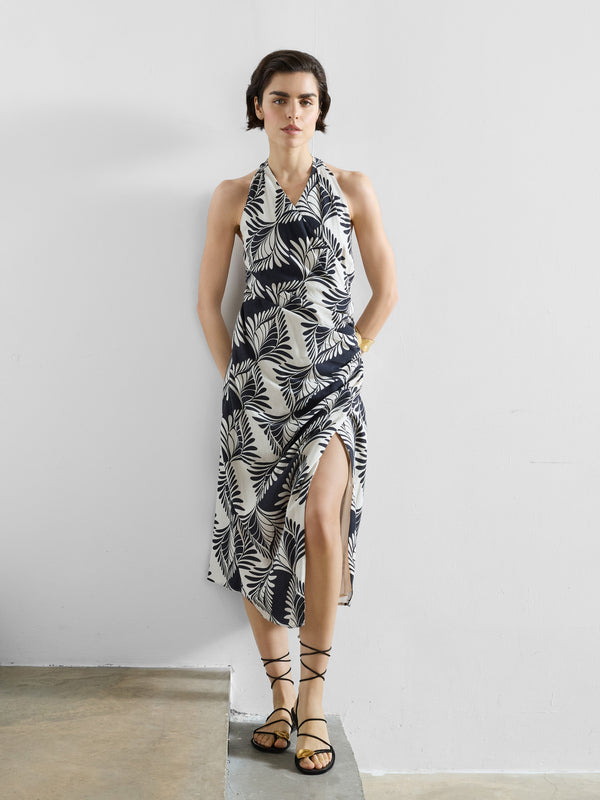 Fcuk Ariette Linen Blend Crossover Midi Dress Black/Cream