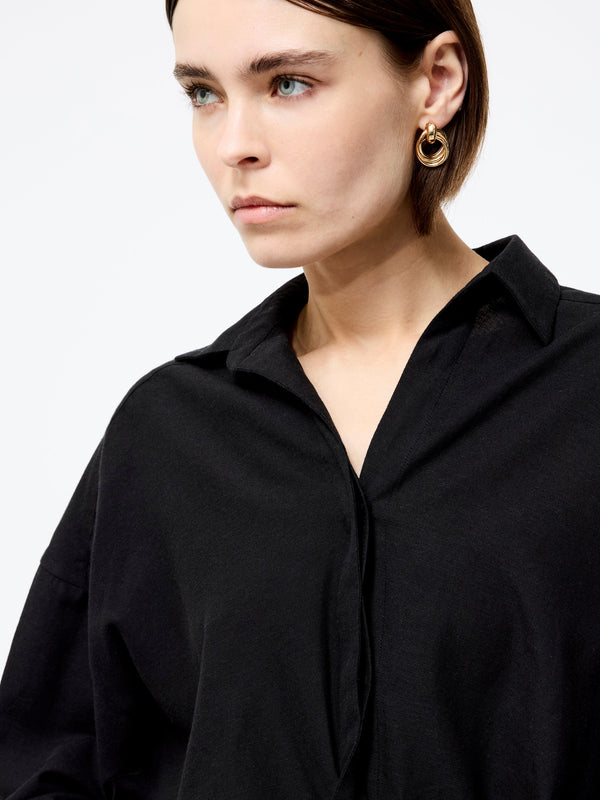 Fcuk Ariette Linen Blend Long Sleeve Tuck Shirt Black