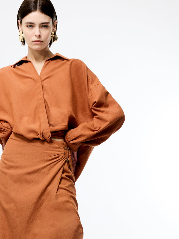 fcuk Ariette Linen Blend Long Sleeve Tuck Shirt Coffee Brown