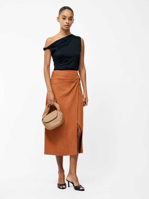 Fcuk Ariette Linen Blend Slit Midi Skirt Coffee Brown