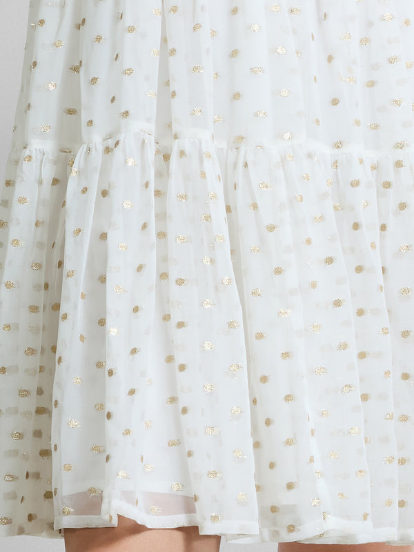 Fcuk Arlo Jacquard Lurex Dot Tiered Dress White/Ecru