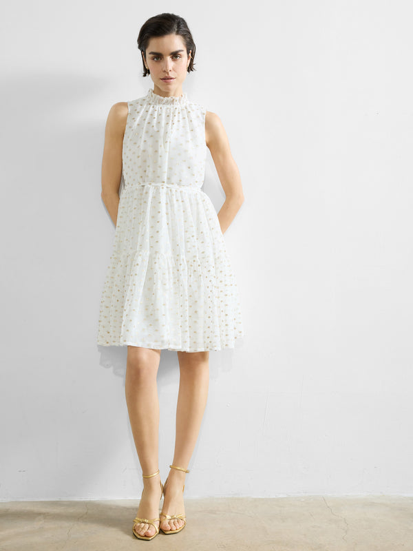 fcuk Arlo Jacquard Lurex Dot Tiered Dress White/Ecru