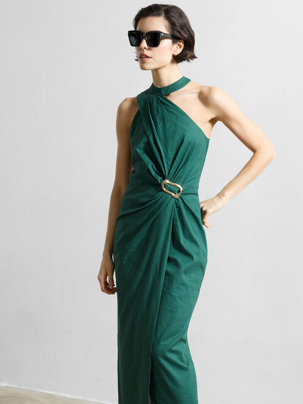 Fcuk Aspen Linen Blend Halterneck Midi Dress Jade Green