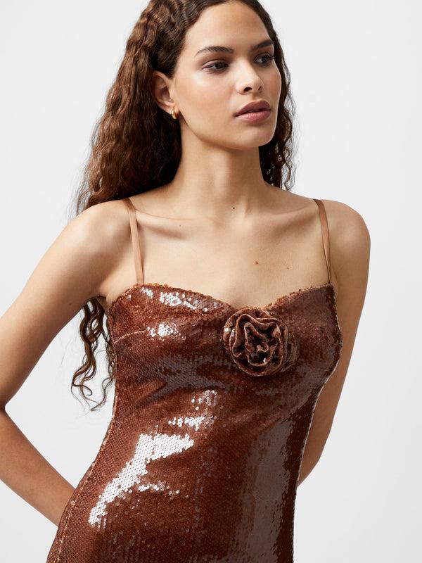 Fcuk Beatrice Sequin Strappy Corsage Maxi Dress Brown Sequin