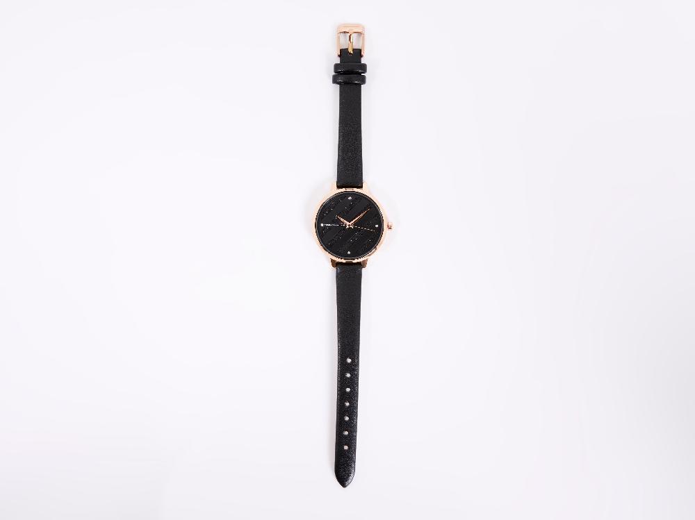 Fcuk Black Leather Strap Watch With Black Glitter Dial Black