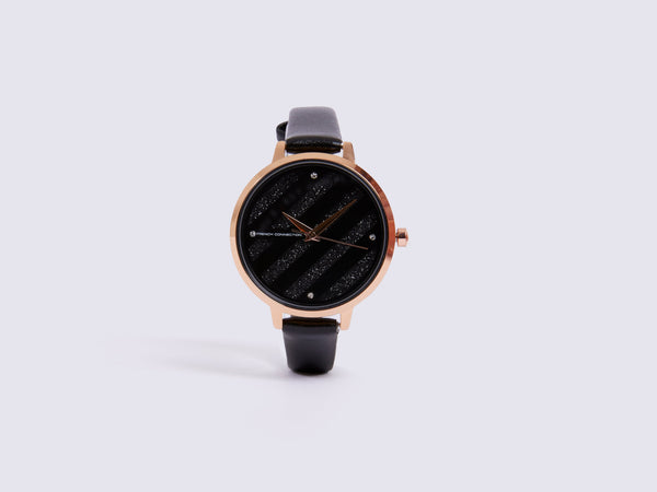 fcuk Black Leather Strap Watch with Black Glitter Dial Black