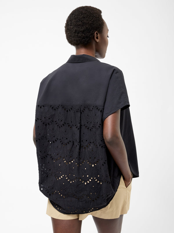 Fcuk Broderie Back Short Sleeve Popover Shirt Black
