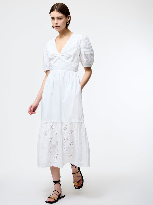 fcuk Cambria Cotton Broderie Midi Dress Linen White