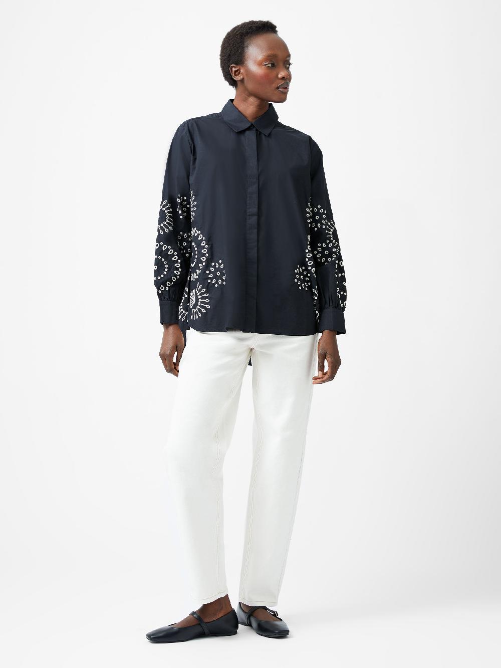 Fcuk Cambria Cotton Embroidered Button Up Shirt Black/Cream