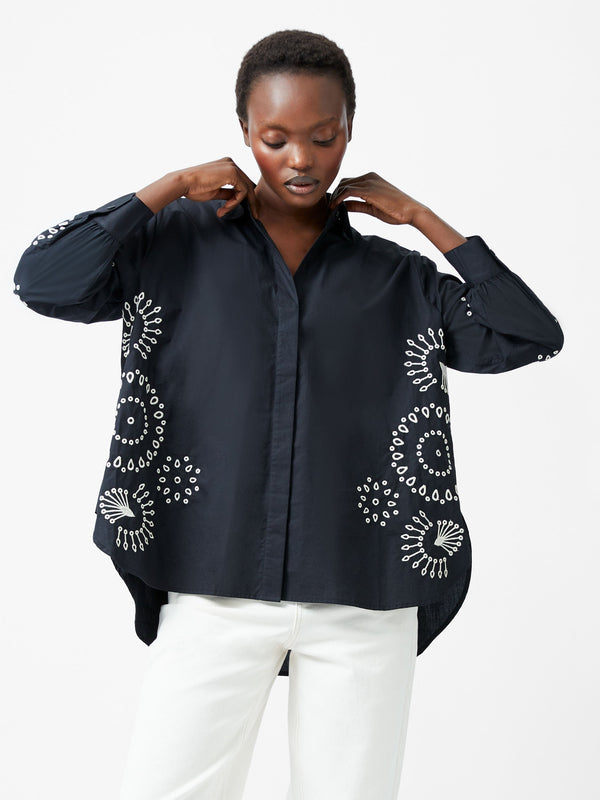 fcuk Cambria Cotton Embroidered Button Up Shirt Black/Cream
