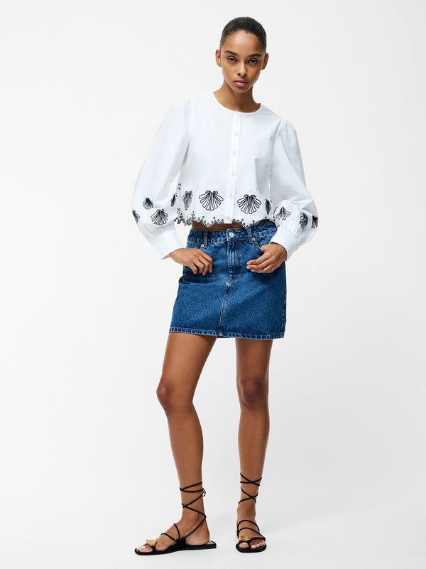 Fcuk Cambria Cotton Embroidered Long Sleeve Shirt Linen White/Navy