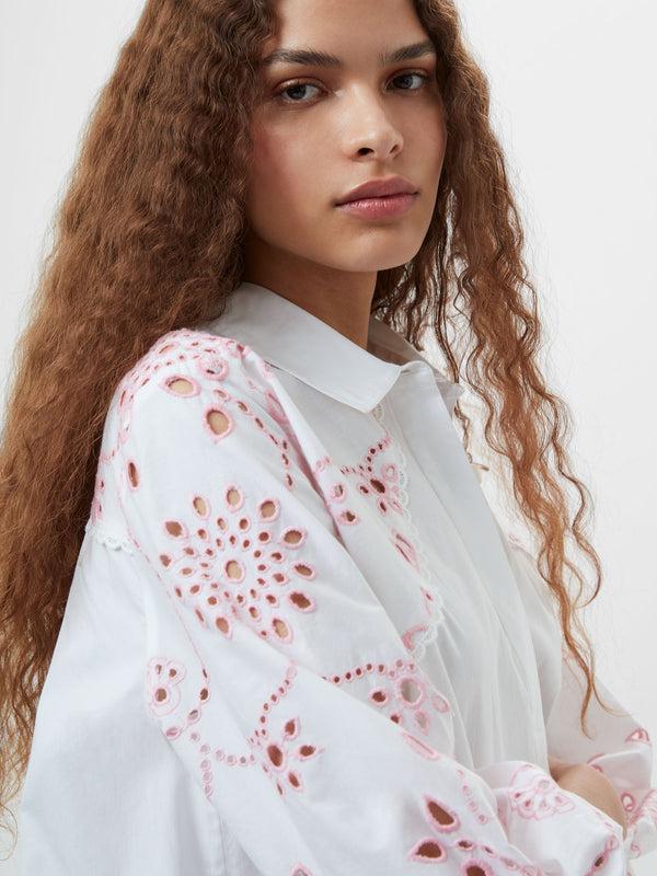 Fcuk Cambria Cotton Embroidered Long Sleeve Shirt Linen White/Bubblegum