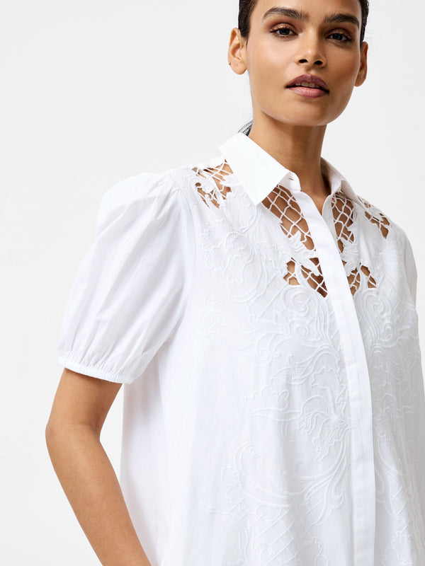 Fcuk Cambria Cotton Embroidered Shirt Dress Linen White