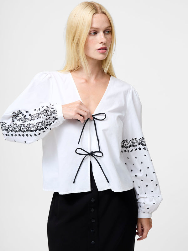 fcuk Cambria Cotton Floral Sleeve Tie Up Shirt Linen White Black