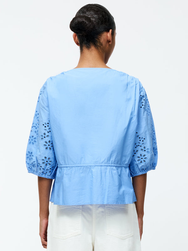 Fcuk Cambria Cotton Puff Sleeve Broderie Top Cornflower Blue