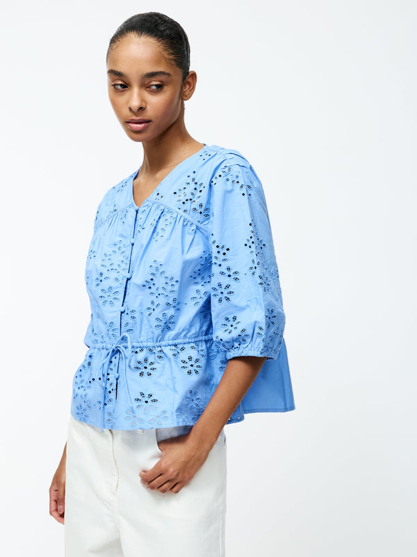 Fcuk Cambria Cotton Puff Sleeve Broderie Top Cornflower Blue