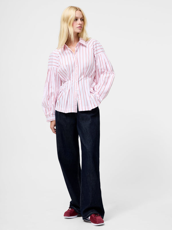 Fcuk Cambria Dobby Pleat Stripe Shirt Pink White Red