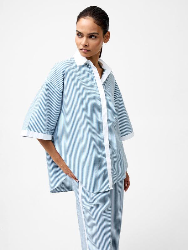 Fcuk Cambria Stripe Short Sleeve Shirt Linen White/Sky Blue