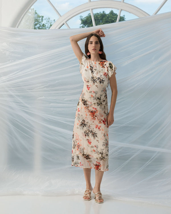 Fcuk Candice Satin Georgette Overlay Dress Cream/Scarlet Red Multi