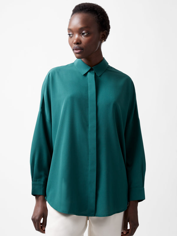 Fcuk Caprina Recycled Crepe Long Sleeve Button Shirt Forest