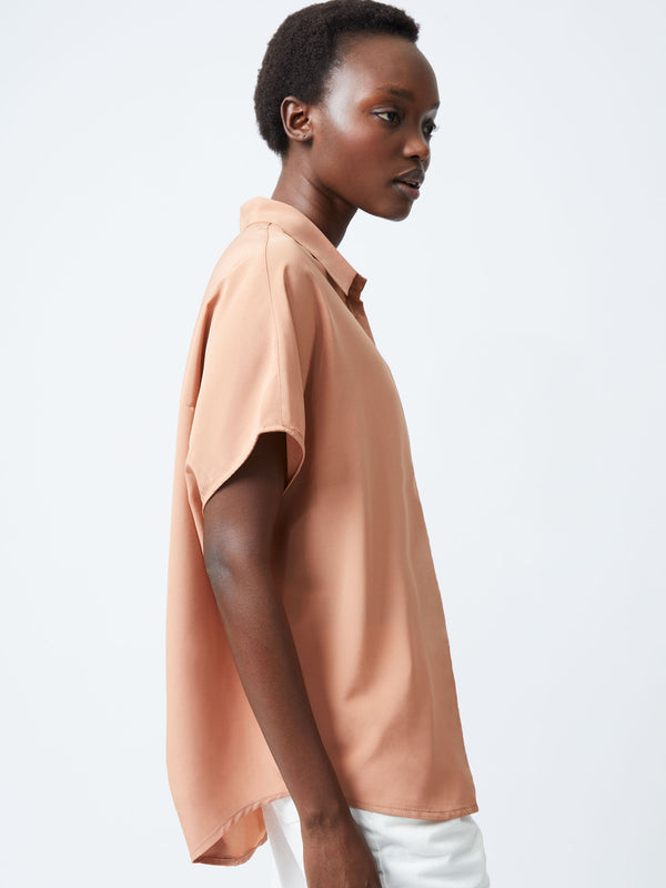 Fcuk Caprina Recycled Crepe Short Sleeve Button Shirt Mocha Mousse