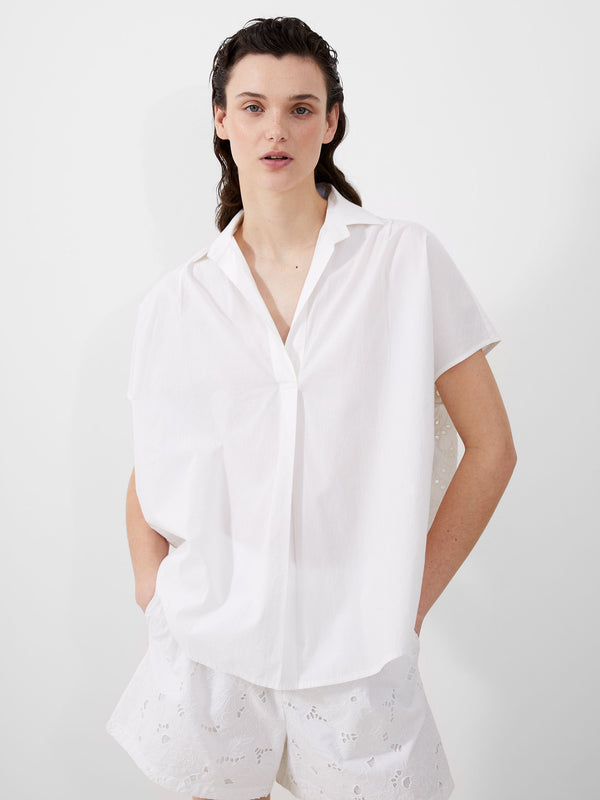 Fcuk Cele Cap Sleeve Broderie Popover Shirt Linen White