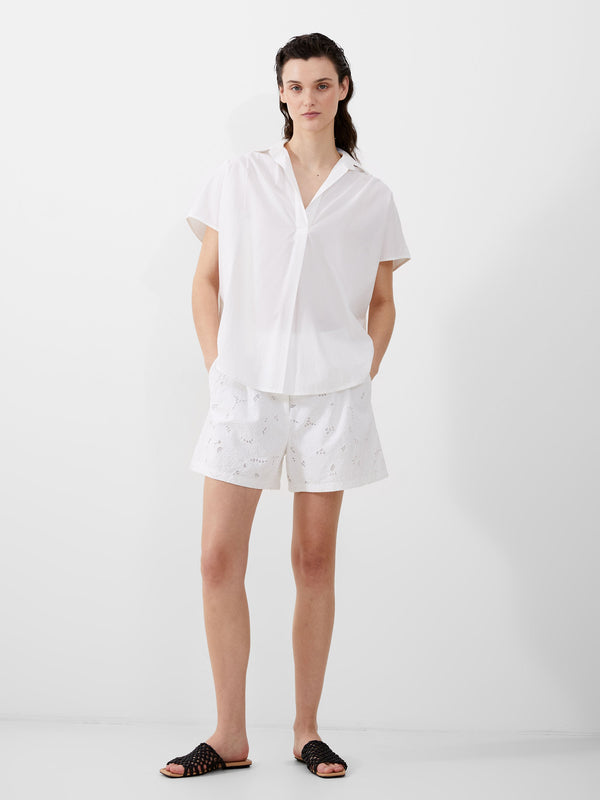 Fcuk Cele Cap Sleeve Broderie Popover Shirt Linen White