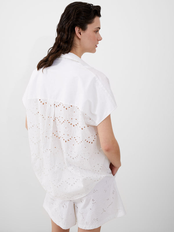 Fcuk Cele Cap Sleeve Broderie Popover Shirt Linen White