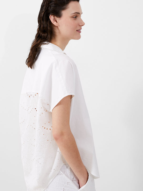 fcuk Cele Cap Sleeve Broderie Popover Shirt Linen White