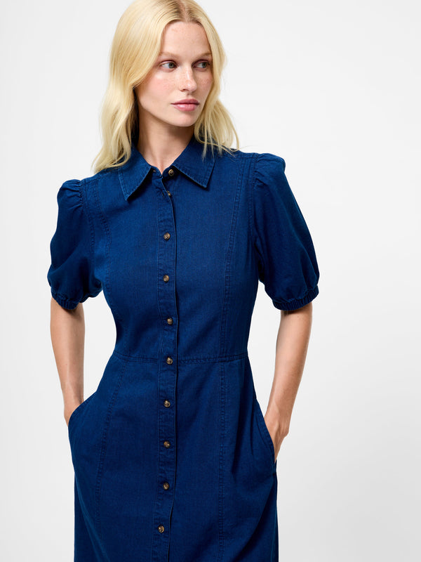 Fcuk Chambray Denim Button Through Shirt Dress Mid Wash
