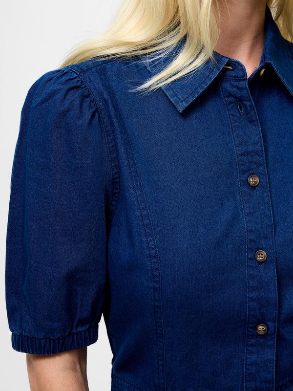 Fcuk Chambray Denim Button Through Shirt Dress Mid Wash