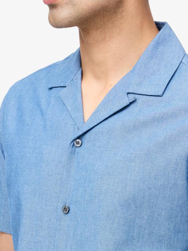 Fcuk Chambray Denim Revere Short Sleeve Shirt Chambray Blue