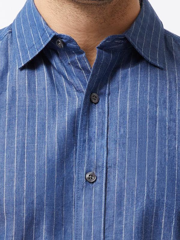 Fcuk Chambray Stripe Long Sleeve Shirt Mid Blue Stripe